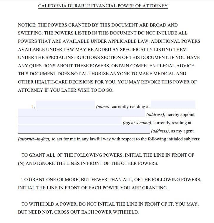 California durable power of attorney first page preview